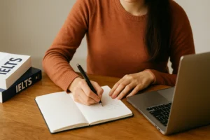 Student writing IELTS essay with books and laptop